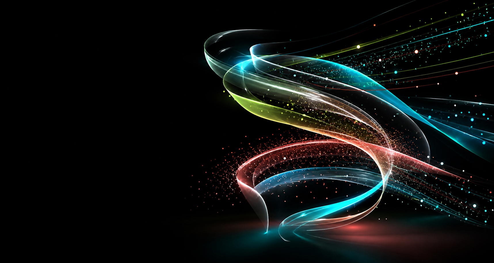 Abstract kinetic ribbon in cyan, lime, and coral light